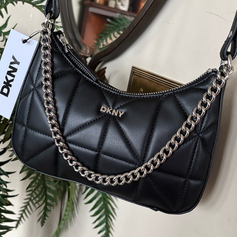 Brand New DKNY Black Lizzy Top Zip Crossbody Bag Chain Quilted Stitch Purse - Picture 3 of 15
